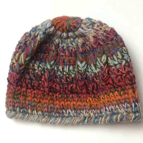 Girls Knit Hat Tan, Blue, Pink, Orange Hand Knitted Beanie Hat - Picture 1 of 5